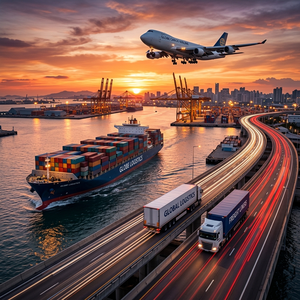 Modern global logistics illustrating cargo ship, airplane and freight trucks at sunset